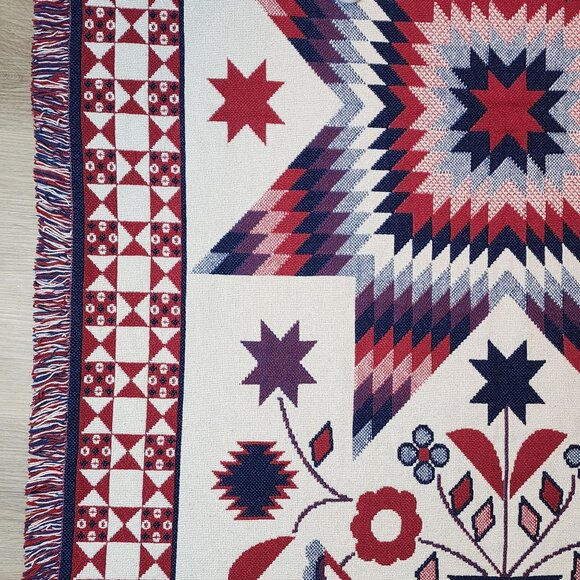 Woven Blanket Wall Hanging Patriotic Red White Blue Fringed Flowers Patchwork - Picture 11 of 14
